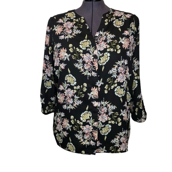 TERRA & SKY Women plus sz 14W Black floral hidden button up lightweight blouse - Picture 1 of 11